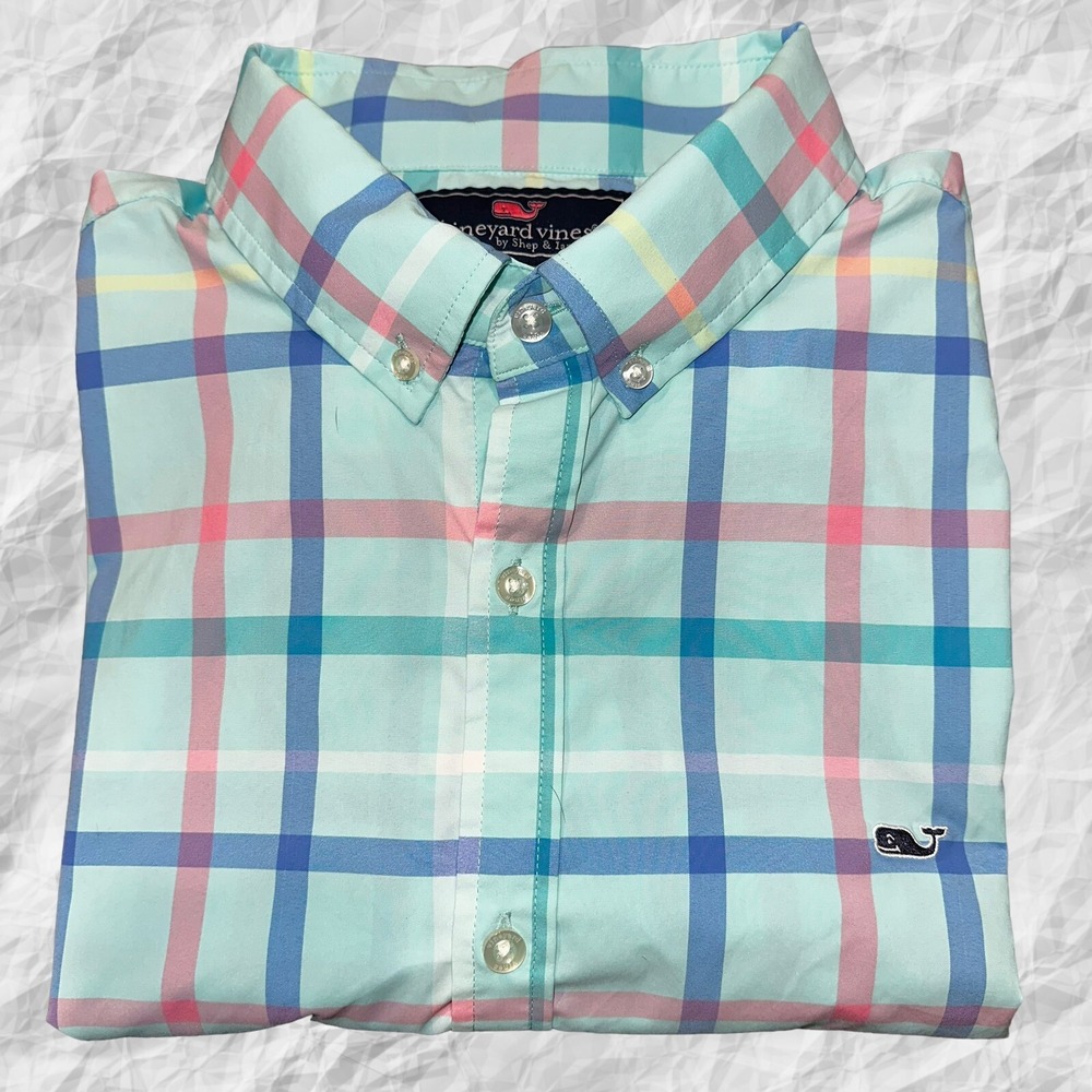 VINEYARD VINES Slim Fit Whale Stretch Blue Pink Plaid Nylon Blend LS Shirt XL